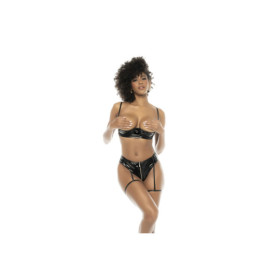 Ensemble 2 pièces, en vinyl et résille noir, soutien gorge seins nus et string avec zip fonctionnel 